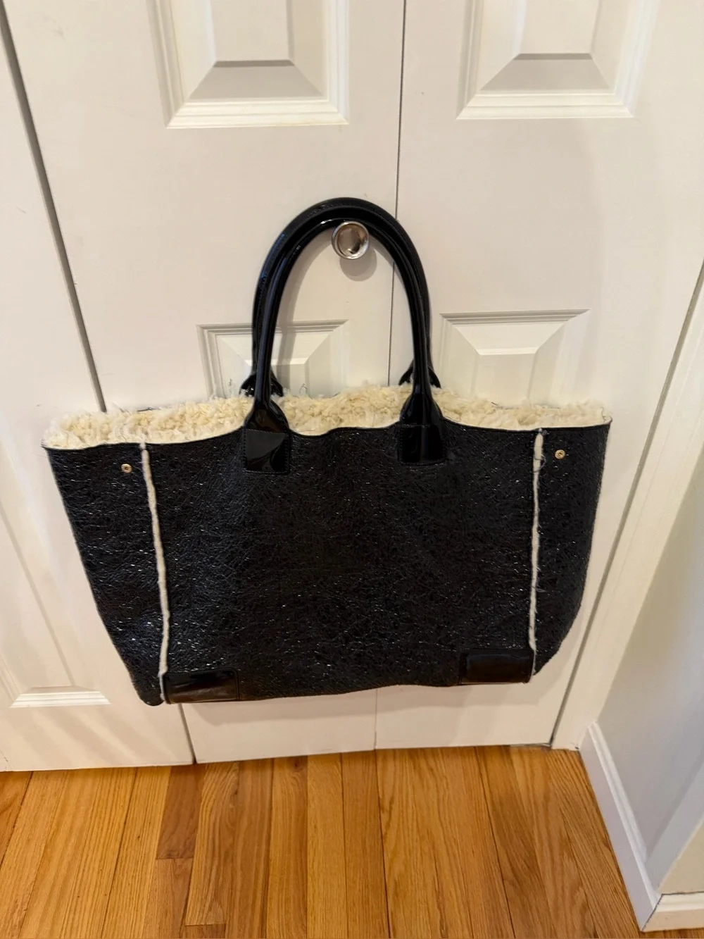 Tory Burch Black Patent Leather & Shearling Large Tote Bag